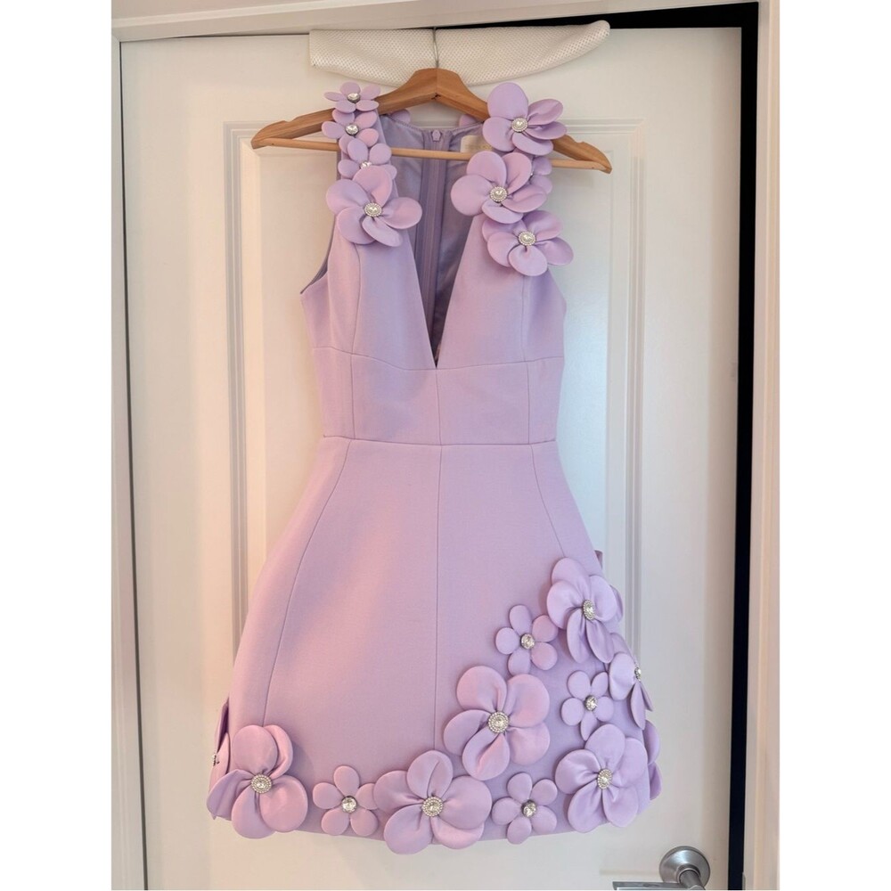 New Bronx Banco 3D floral Estelle Lavender Mini Dress, Lilac Floral Appliqué - Picture 6 of 16